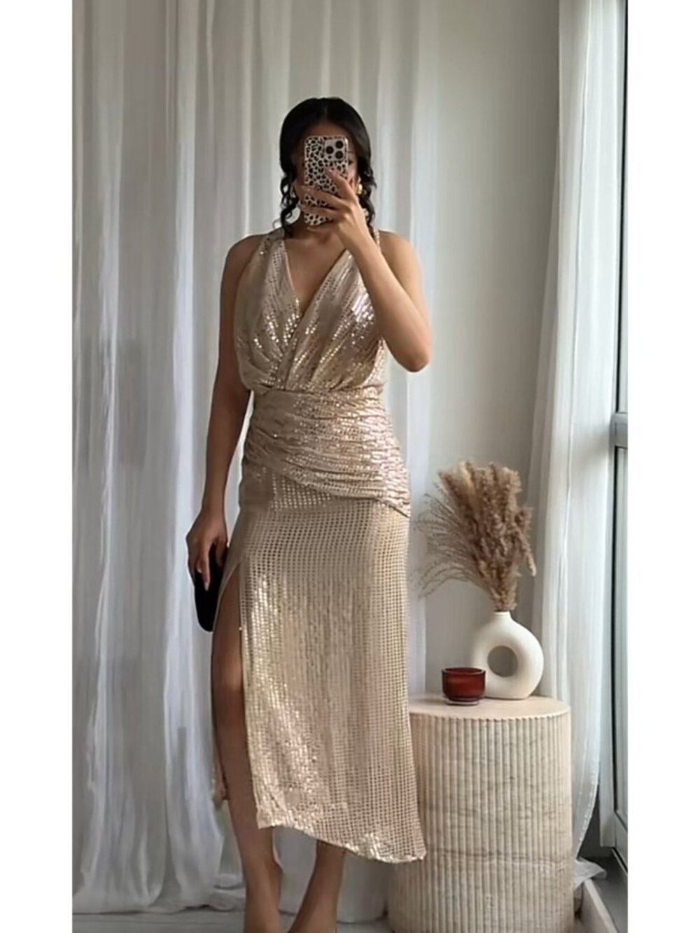 ZARA Womens Cocktail Dress XS Gold Sequin V-Neck Ruched Asymmetric 3197/869 NWT